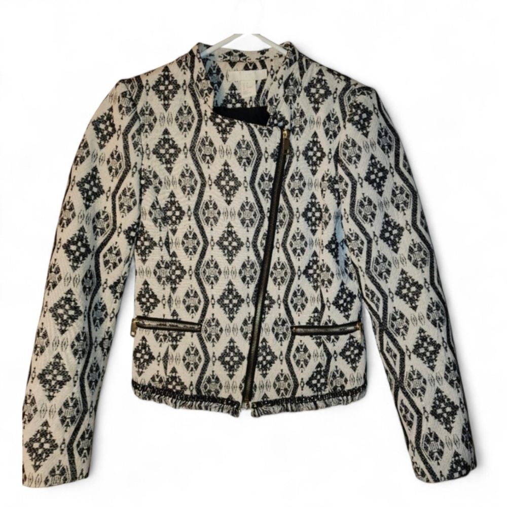 H&M Geometric Jacquard Moto Jacket - Black & White - Gold Hardware - 4 - Picture 3 of 10